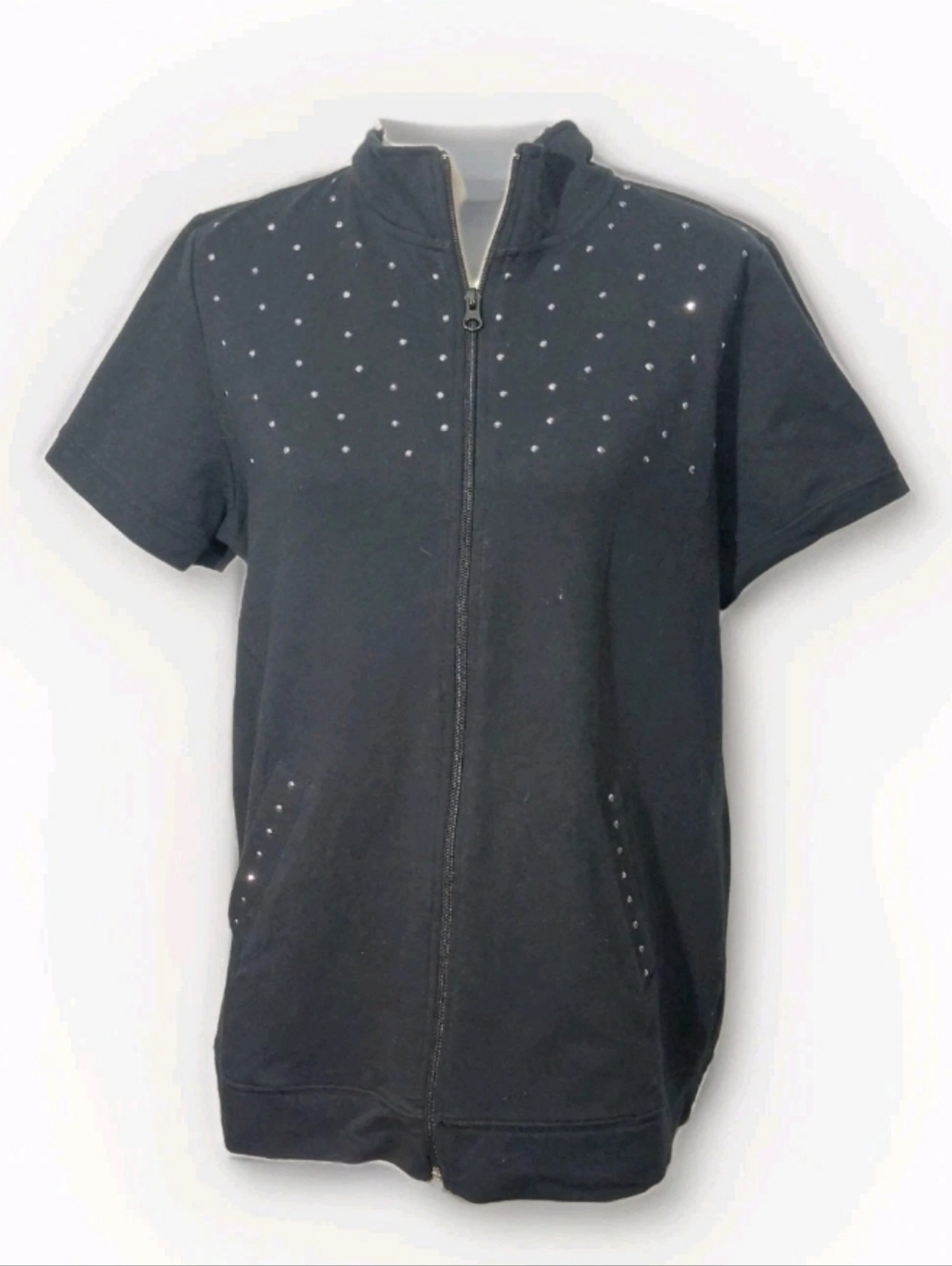 Black Short-Sleeve Zip Hoodie with Stud Detail